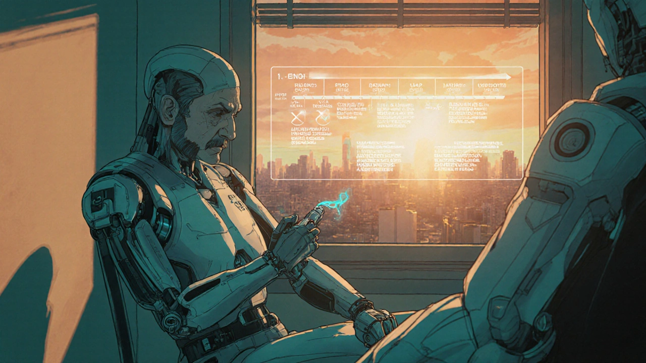 A patient injects SCIG at home with a sleek device, holographic doses floating nearby as sunrise shines through the window.