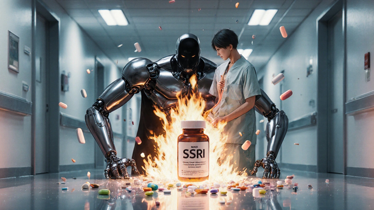A patient threatened by a robotic MAOI figure as serotonin flames erupt between them.