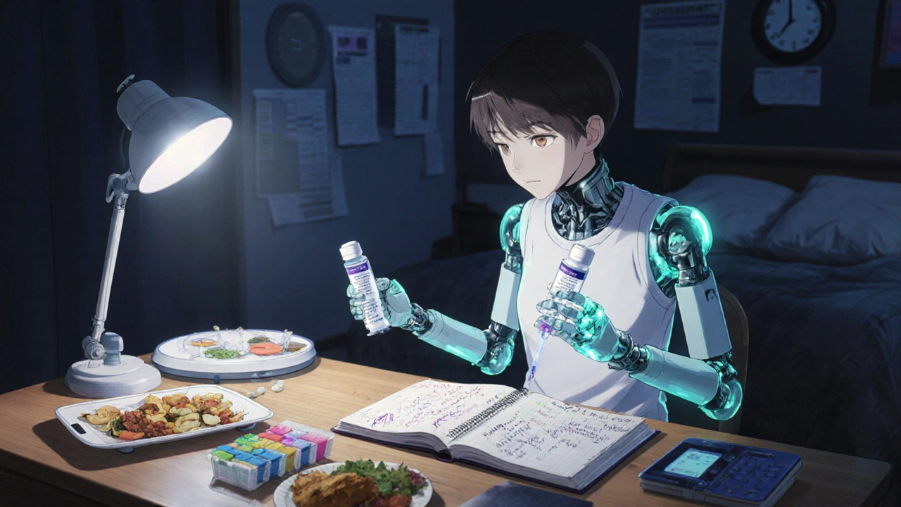 A person at a kitchen table surrounded by pill organizers and weight scale, with a robotic arm offering medication in dim lamplight.