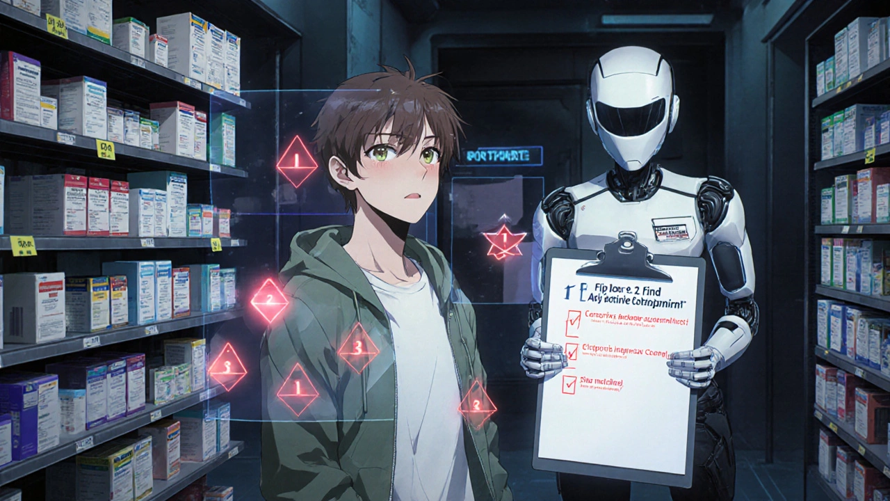 A shopper views hidden drug ingredients through AR overlays in a futuristic pharmacy aisle.