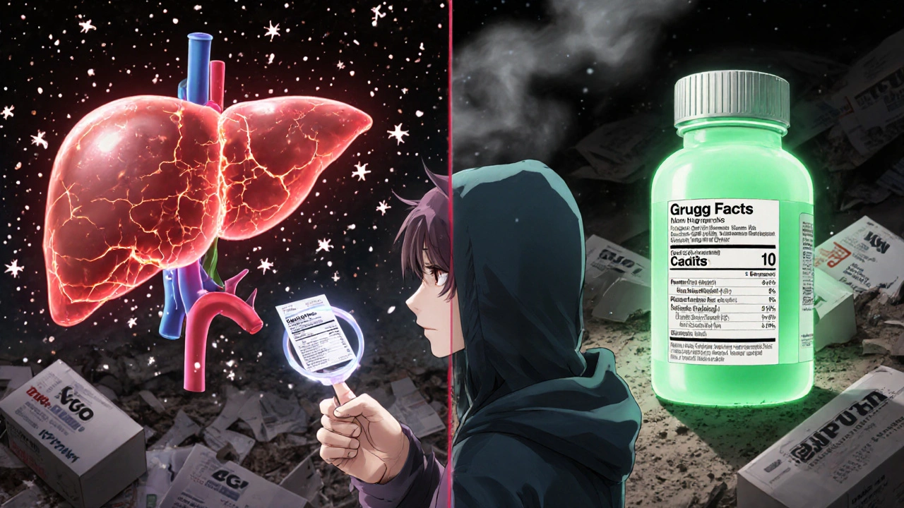 A split scene showing liver damage from acetaminophen versus safety from generic ibuprofen.