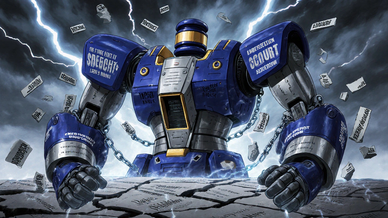 A Supreme Court mech restraining presidential power and agency regulations over a fractured U.S. map.