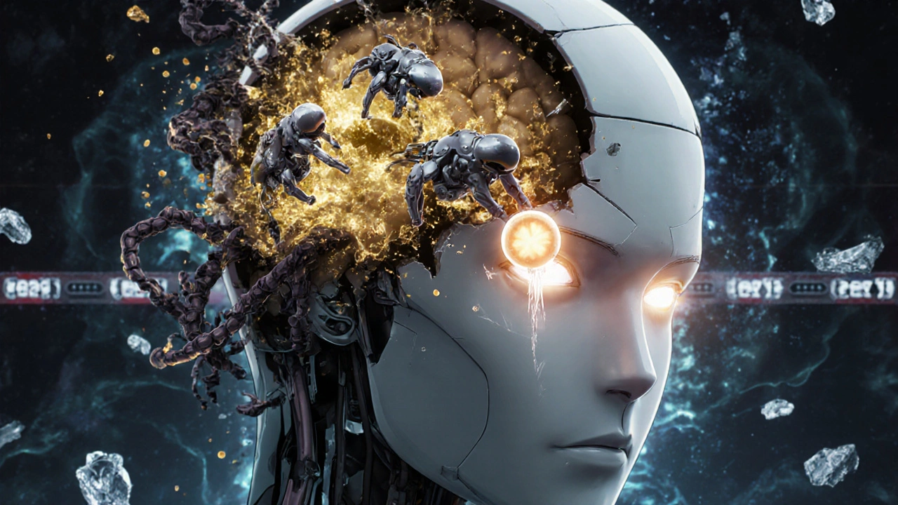 A transparent robot head with microglial drones activating as serotonin fades amid inflammatory particles.