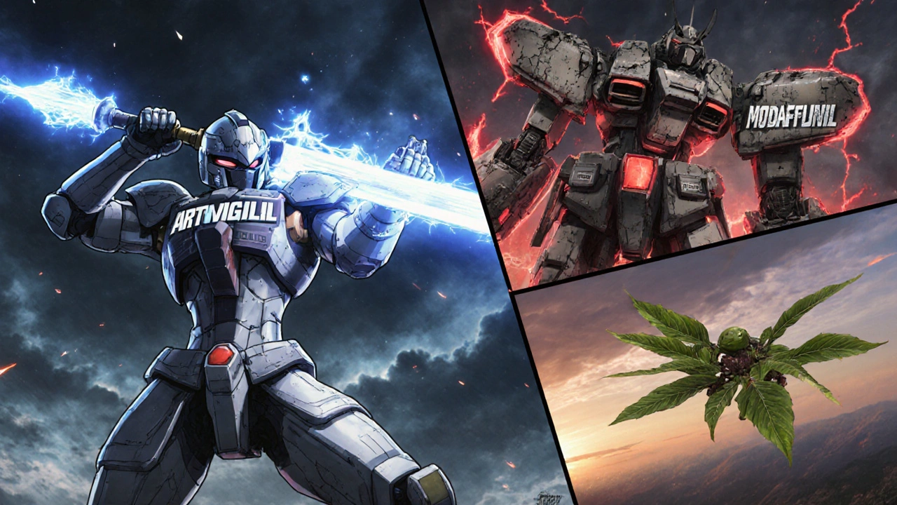 Battlefield scene with three mechanized focus agents: Artvigil, Modafinil, and Caffeine+L-Theanine in contrasting energy states.