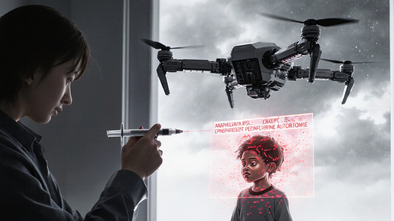 Child with spreading rash as medical drone projects emergency alert, parent holding epinephrine injector.