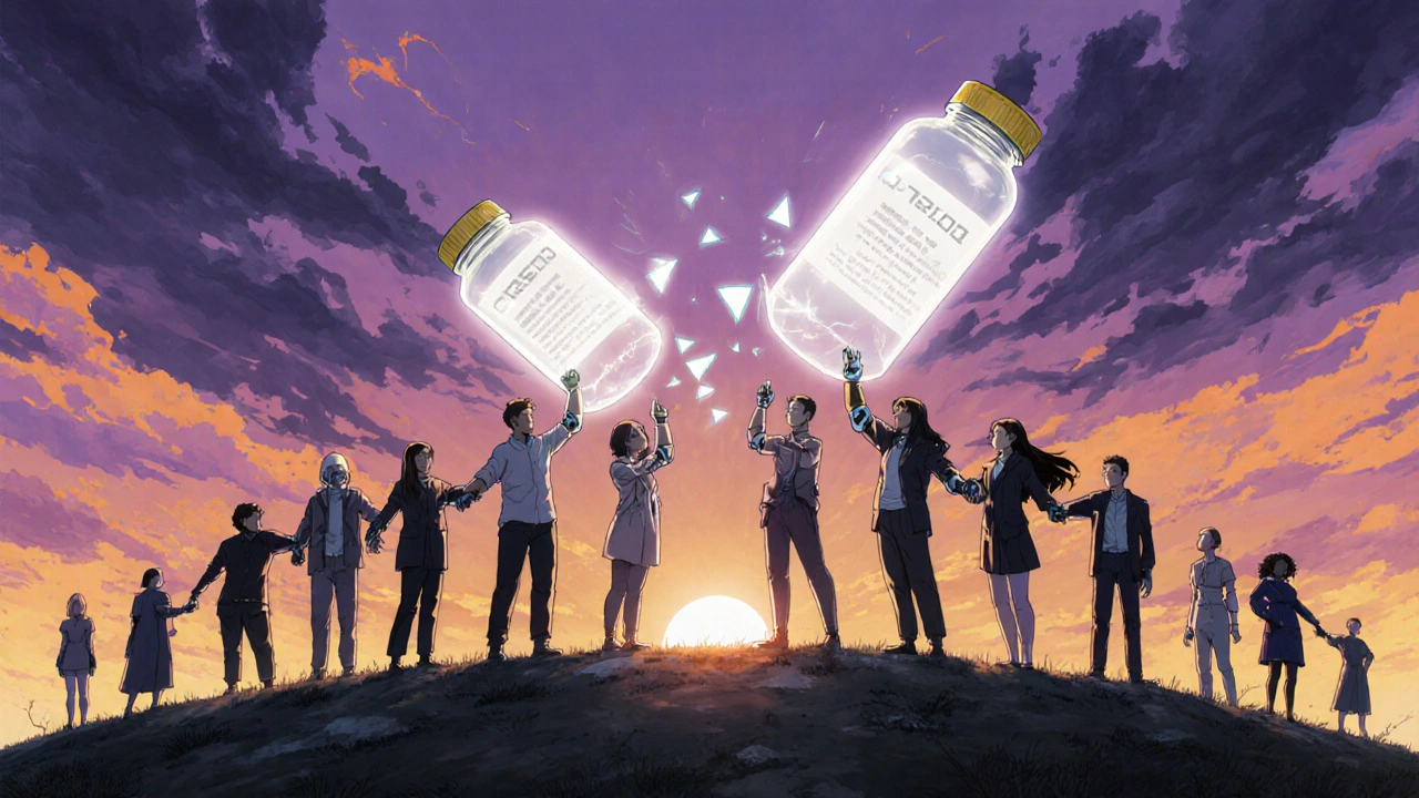 Diverse people stand on a hill as broken pill bottles transform into a glowing bridge to a crisis center.