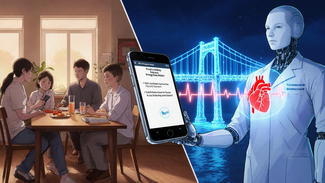Family receives FDA safety alert on phone while a hologram warns of heart risk.