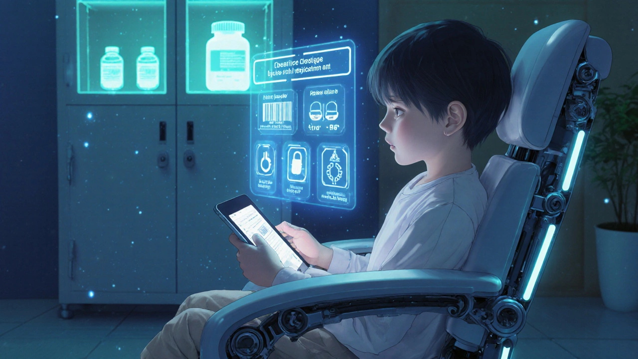 Family scanning medication barcode with tablet, holographic dose guide displayed, robotic chair supporting child.