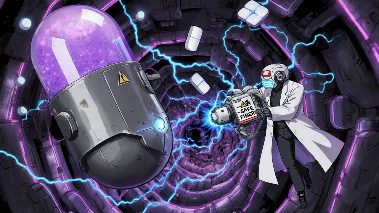 Giant gel capsule blocking medication tablets inside a cybernetic digestive tract, robotic doctor piloting a mech.
