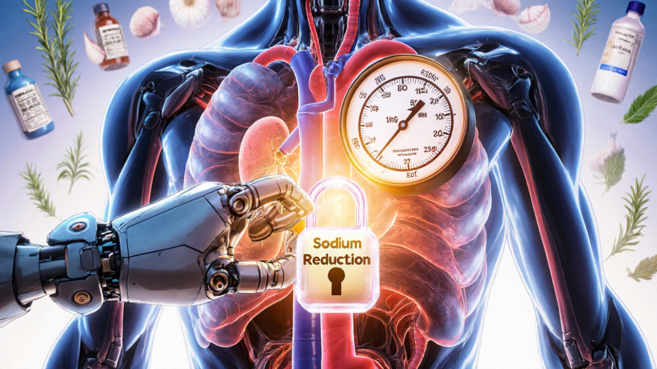 Human body with kidneys and arteries glowing red, a robotic key lowering blood pressure with herbal allies.