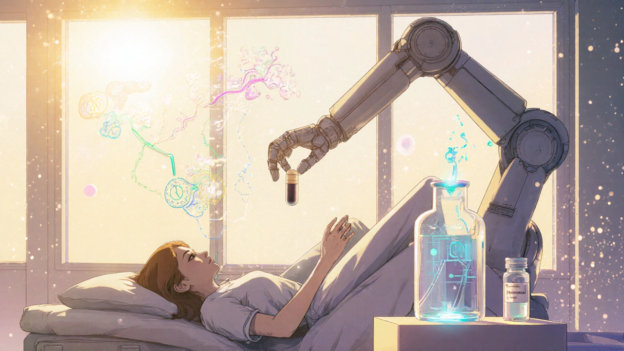 Human sleeping peacefully as holograms of liver enzymes and circadian clocks float around, with Rhodiola and armodafinil capsules nearby.