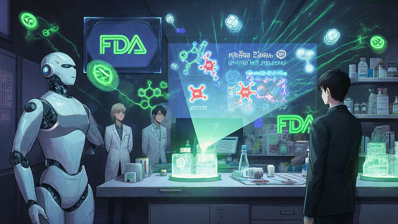 Nanobots analyzing how inactive ingredients interact with human proteins in a high-tech lab.