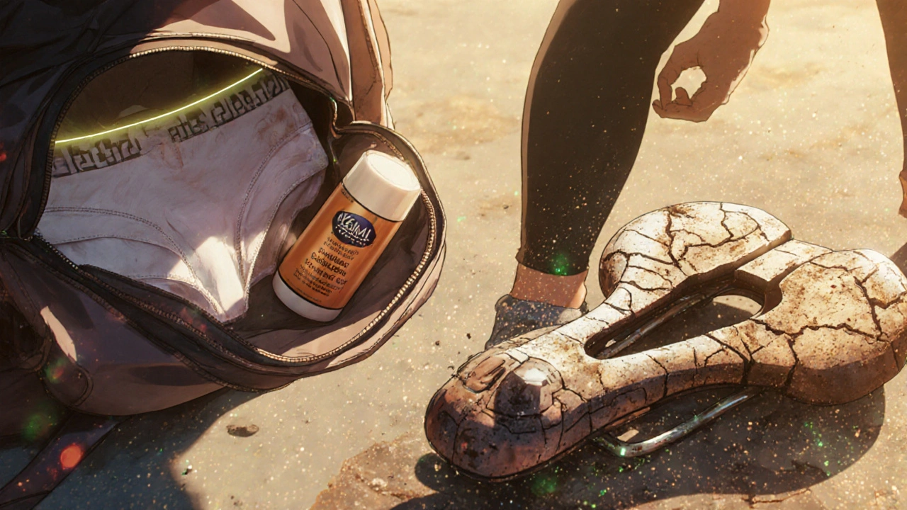 Organic cotton underwear and barrier cream beside discarded synthetic workout gear in a glowing bag.