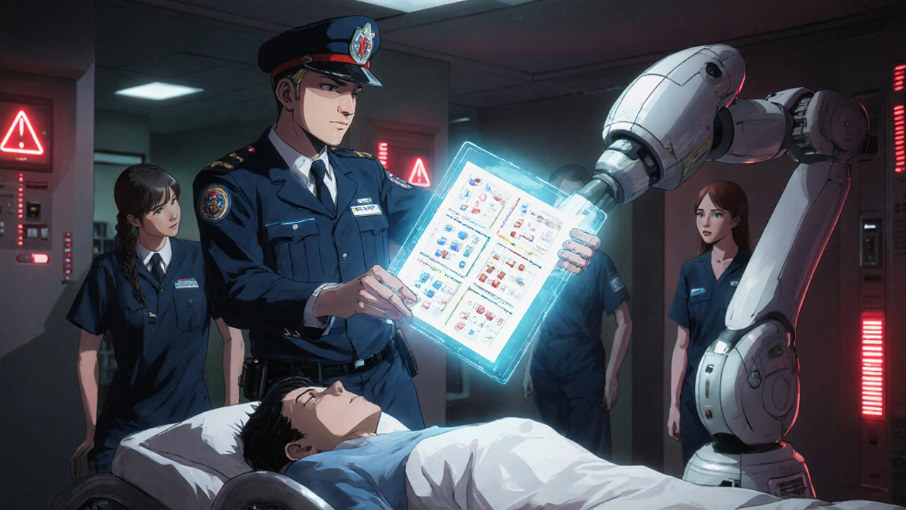 Paramedic presenting a glowing medication card as a hologram shows dangerous drug interactions in an ER.