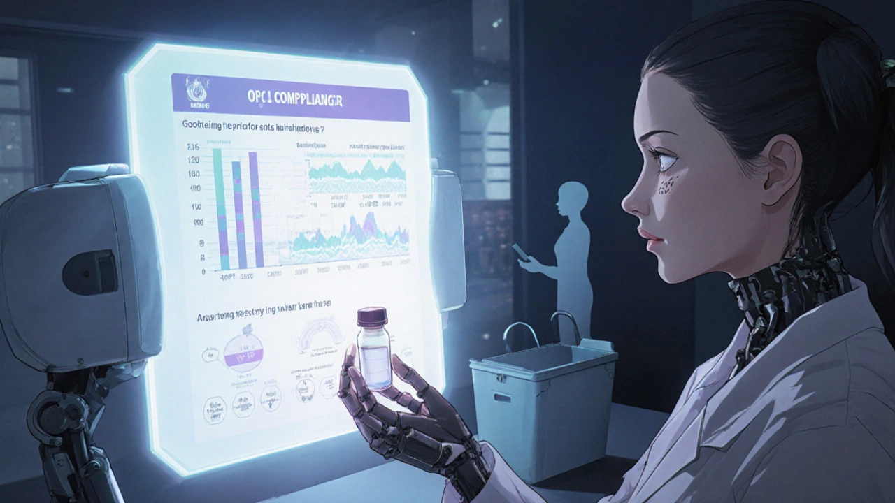 Patient scanning a medication vial with a holographic analyzer displaying stability and contamination data.
