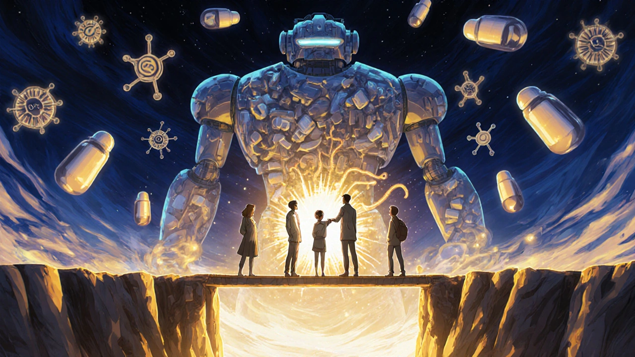 Patients on a bridge with medication drones and a robot made of pills guarding a fading brain cell.