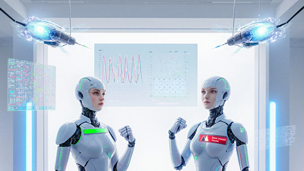 Patients receiving injectable treatments in a futuristic clinic, with holographic brainwave charts and glowing drone needles.