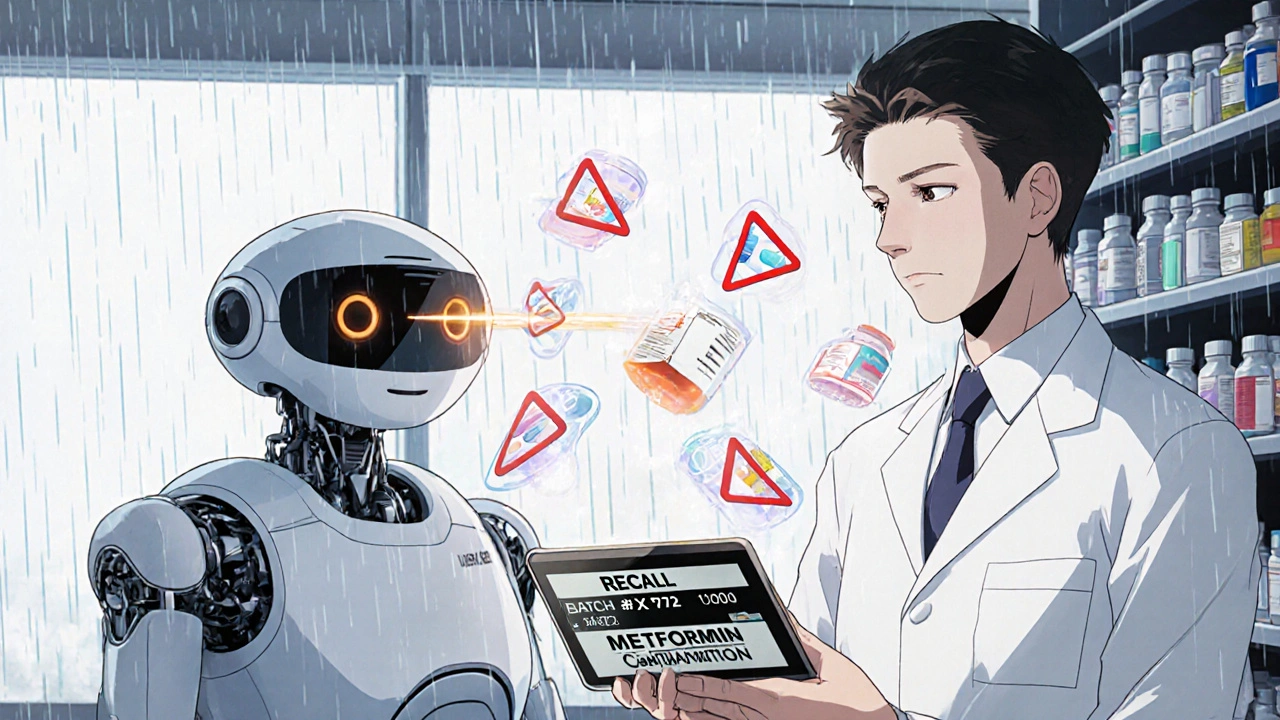 Pharmacist and robot sorting medications as a recall alert flashes on a tablet.
