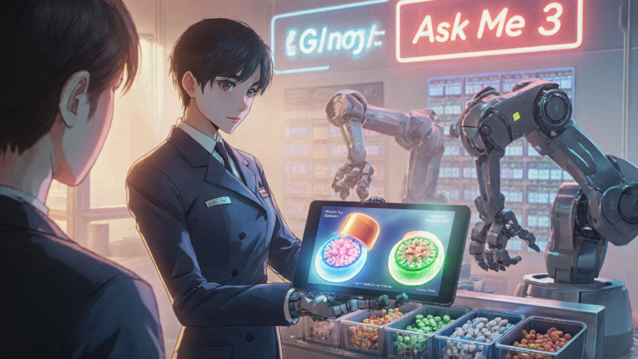 Pharmacist showing a digital comparison of generic and brand-name pills with glowing molecular structures.