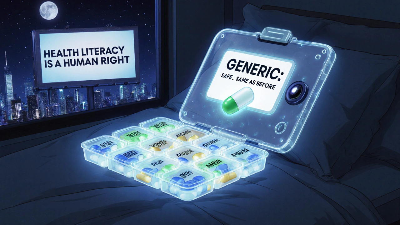 Pill organizer with color-coded pills and a holographic app scanning a medication in a bedroom.