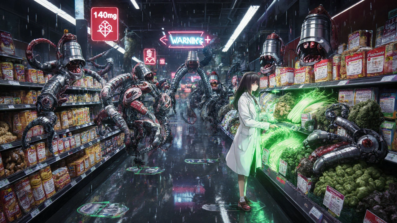Processed food monsters in a grocery store, while a woman picks fresh veggies amid glowing warning labels.
