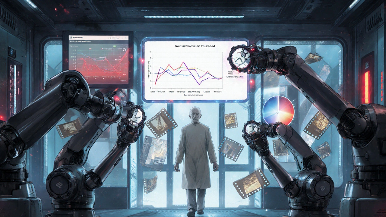 Robotic arms in a medical control room monitoring heparin’s effects on brain chemistry and mood.