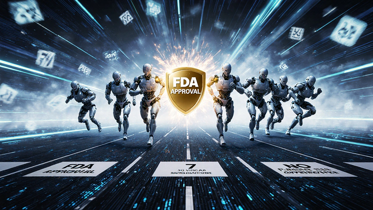 Robotic competitors race along a data-stream track; only one crosses the FDA approval line.