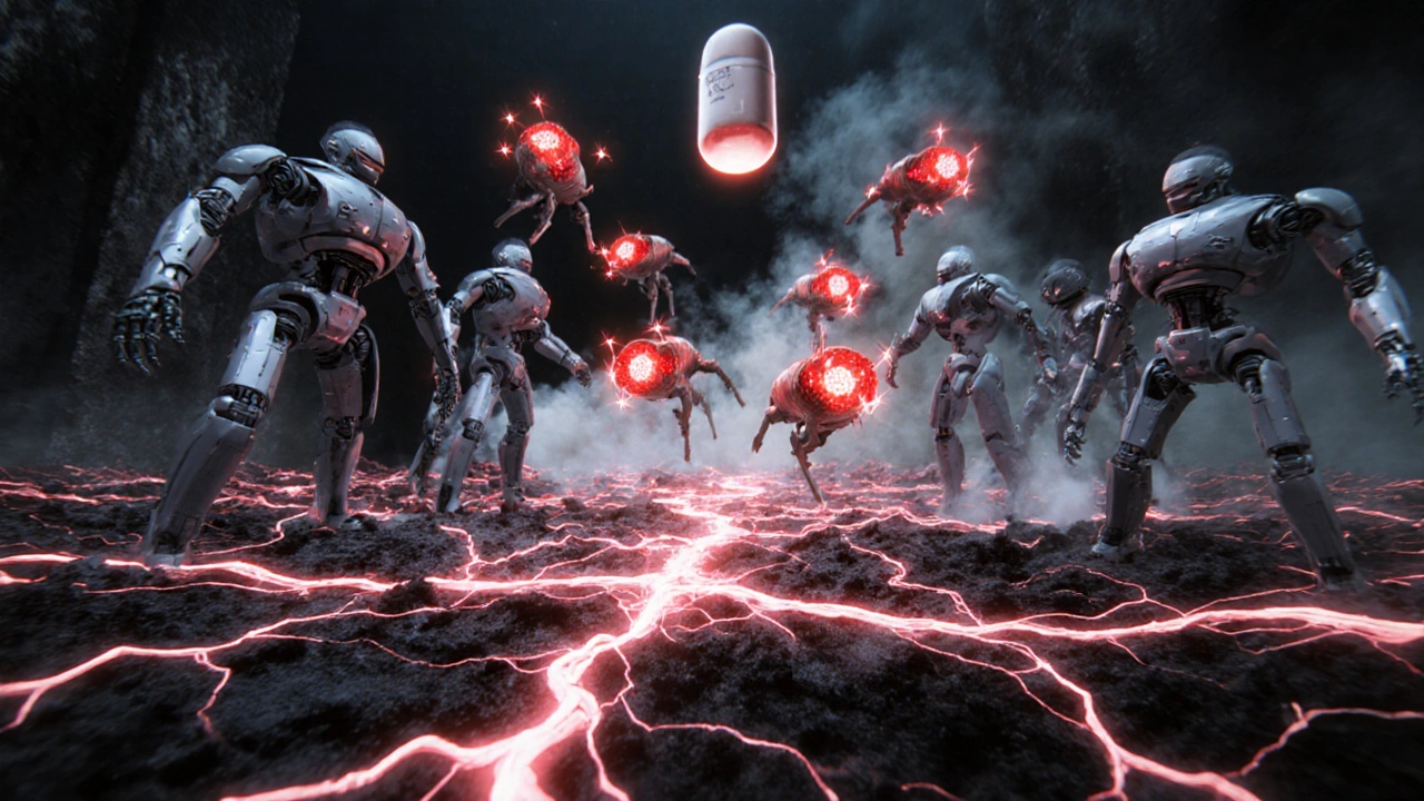 Robotic immune cells stand down as golden IgG warriors neutralize autoantibodies inside a human body, restoring nerve pathways.