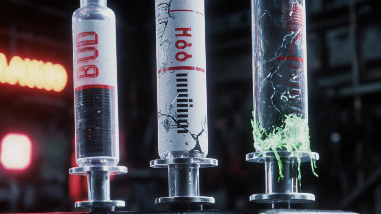 Three syringes showing correct, overstretched, and contaminated beyond-use dates with microbial growth.