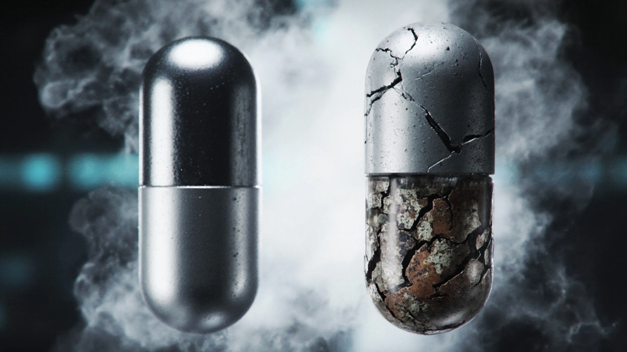 Two pills in a digestive tract—one functioning perfectly, the other failing with mechanical damage.