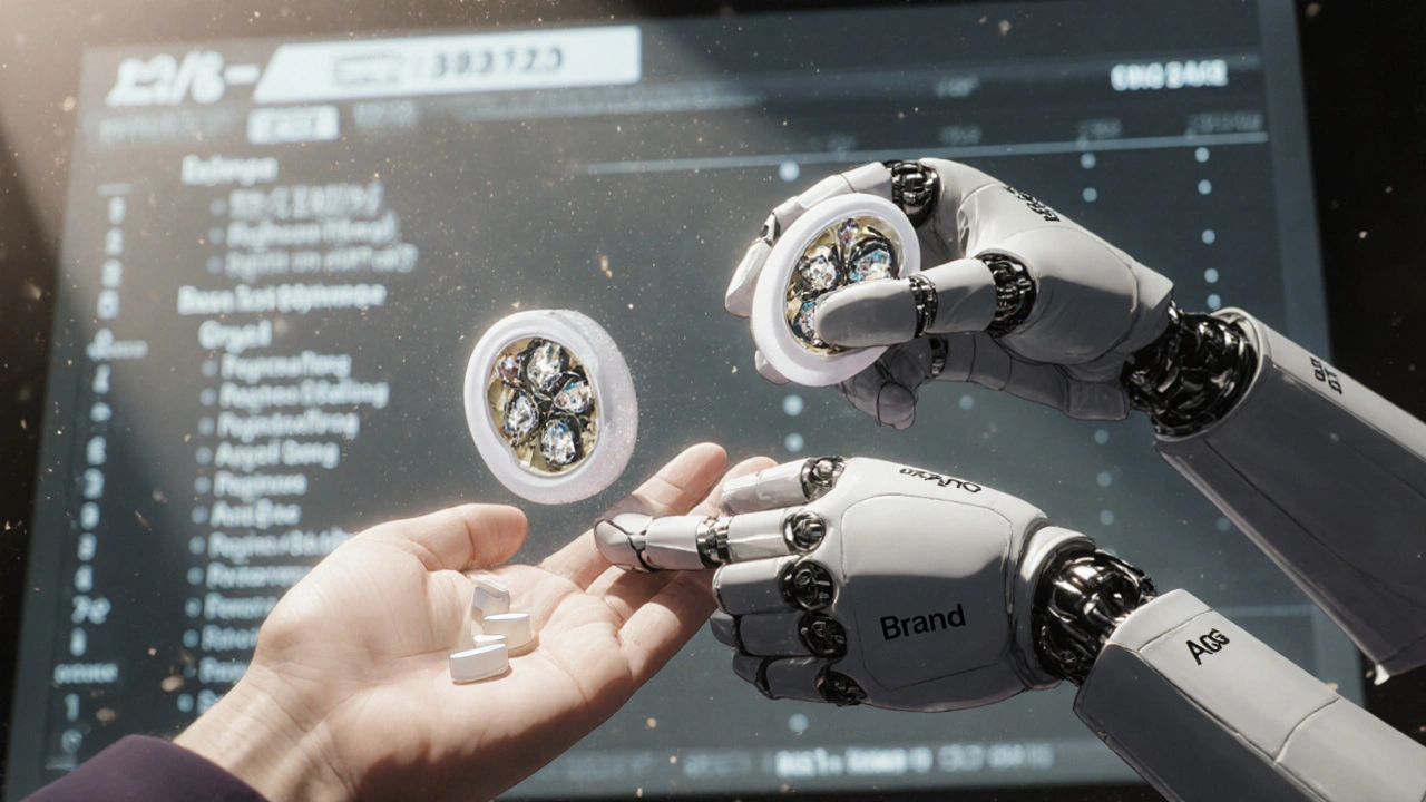 Two robotic hands placing identical pills into a patient&#039;s palm, with FDA list hologram in background.