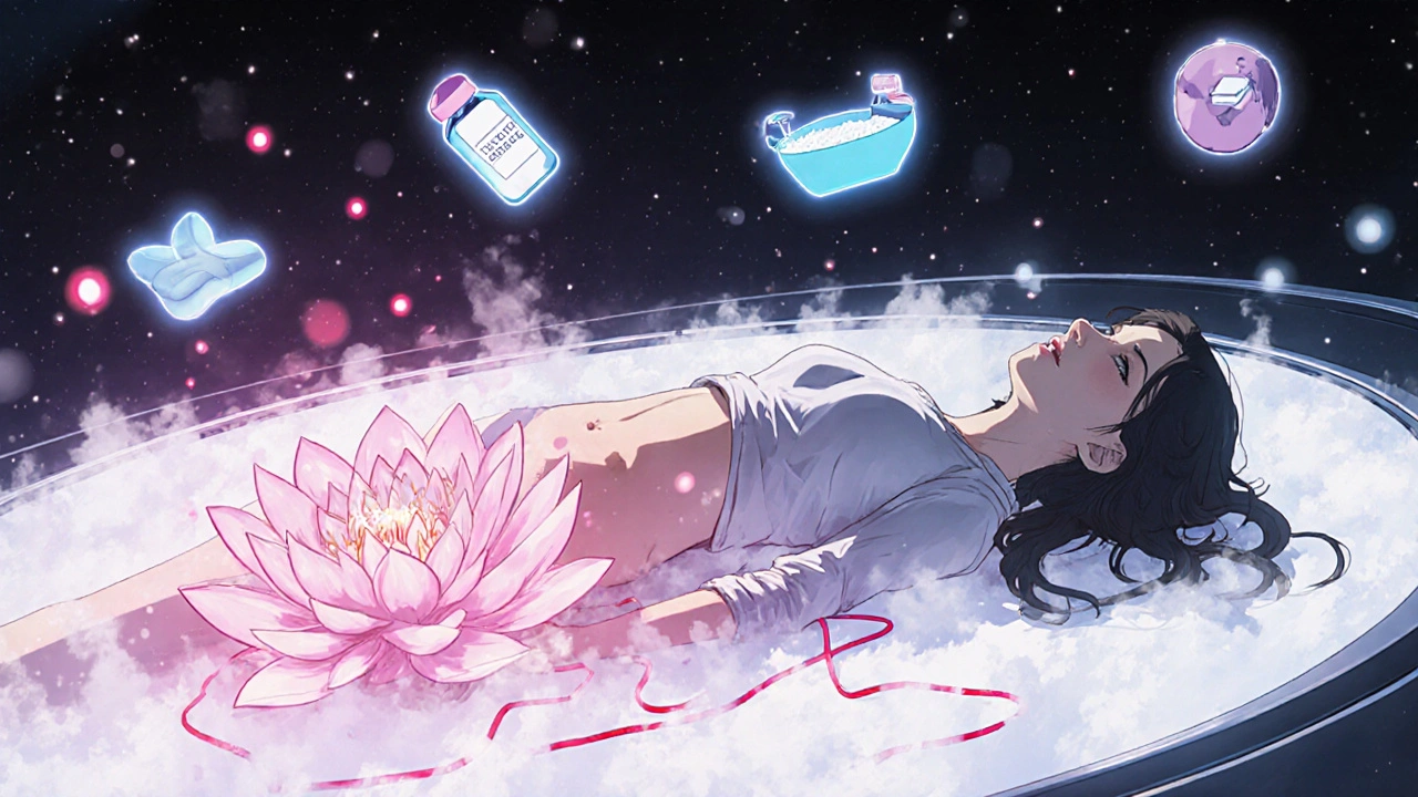 Woman relaxing with blooming energy flowers from her pelvic area, surrounded by healing symbols.