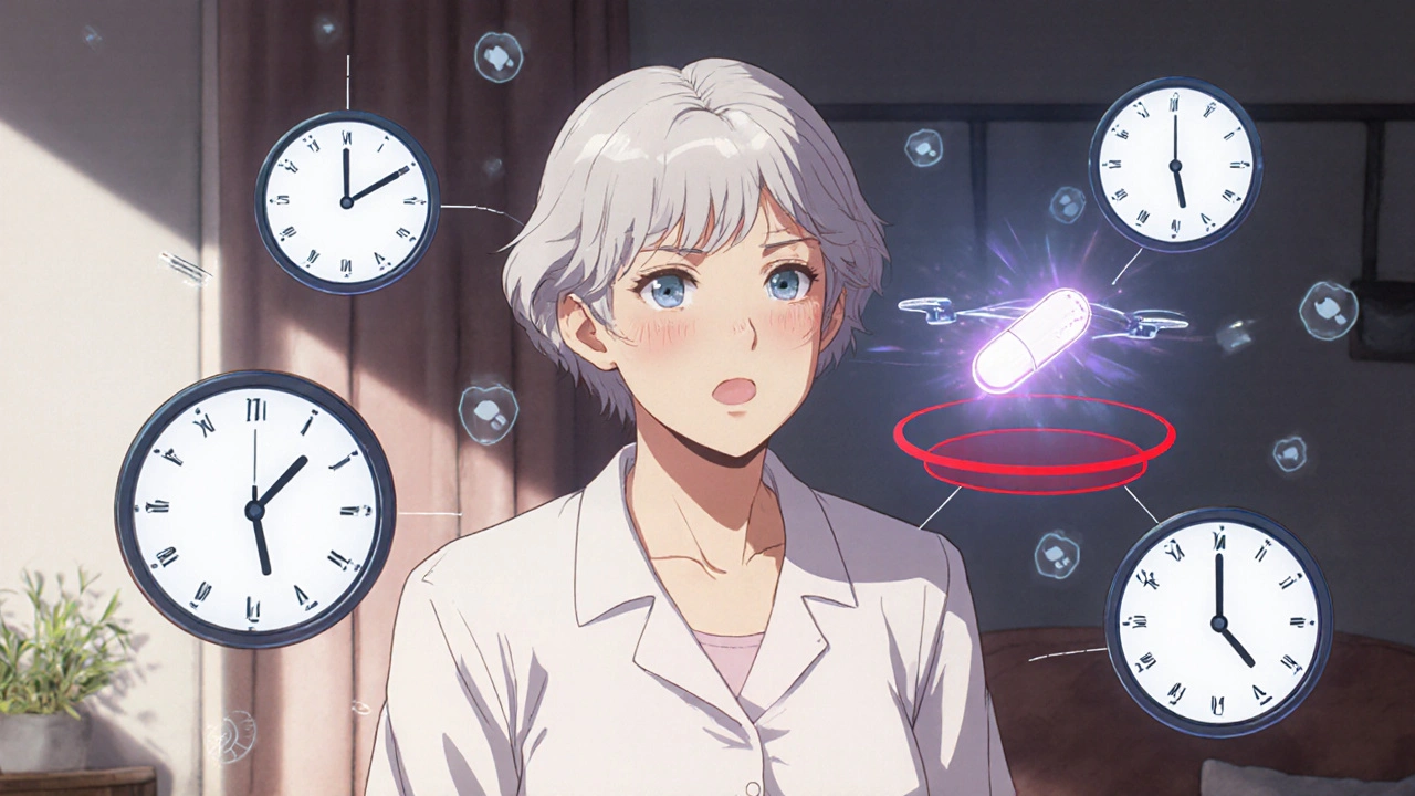Woman with floating clocks and medication icons, fiber capsule moving safely in morning away from nighttime pills.