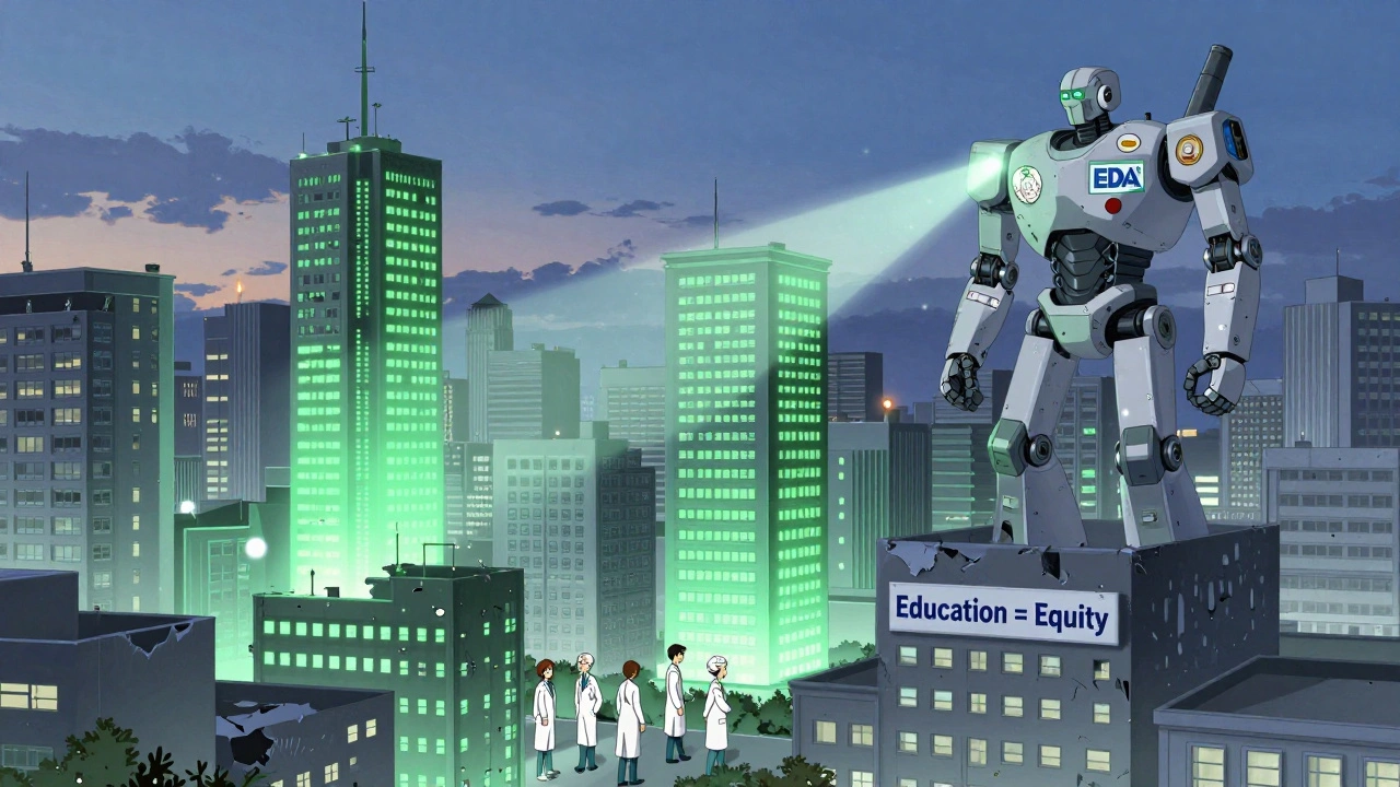 A cityscape where generic medications transform unhealthy buildings into healthy ones, guided by a robotic pharmacist.