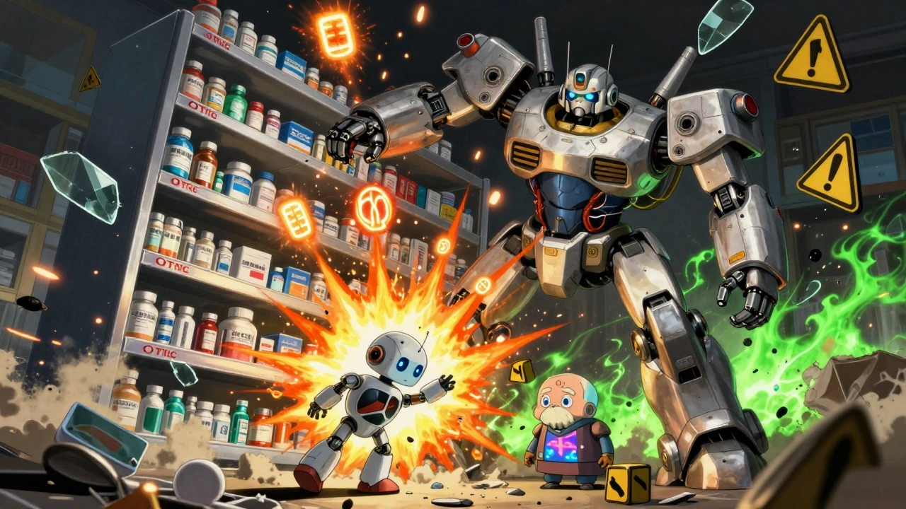 A collapsing pharmacy shelf raining acetaminophen explosions over child and elderly robots, liver and brain damaged.