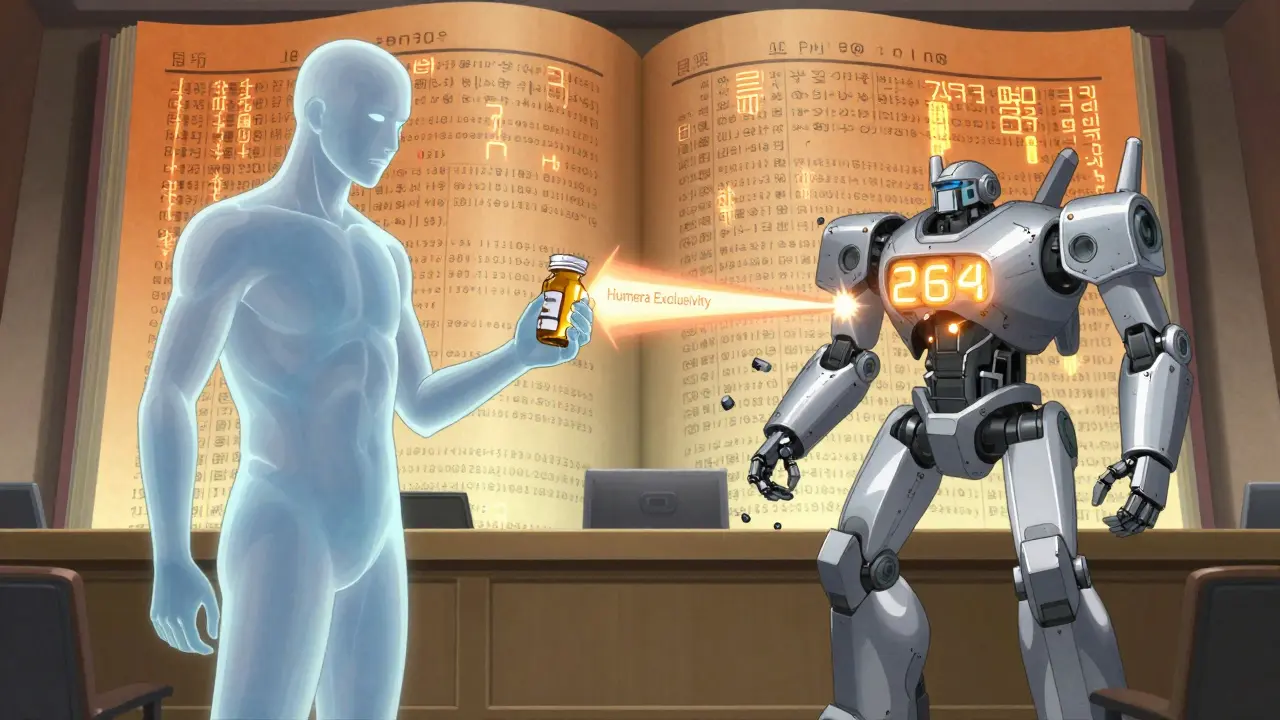 A courtroom battle between a patient and a corporate mech covered in 264 patent cores, with the Orange Book scrolling behind.