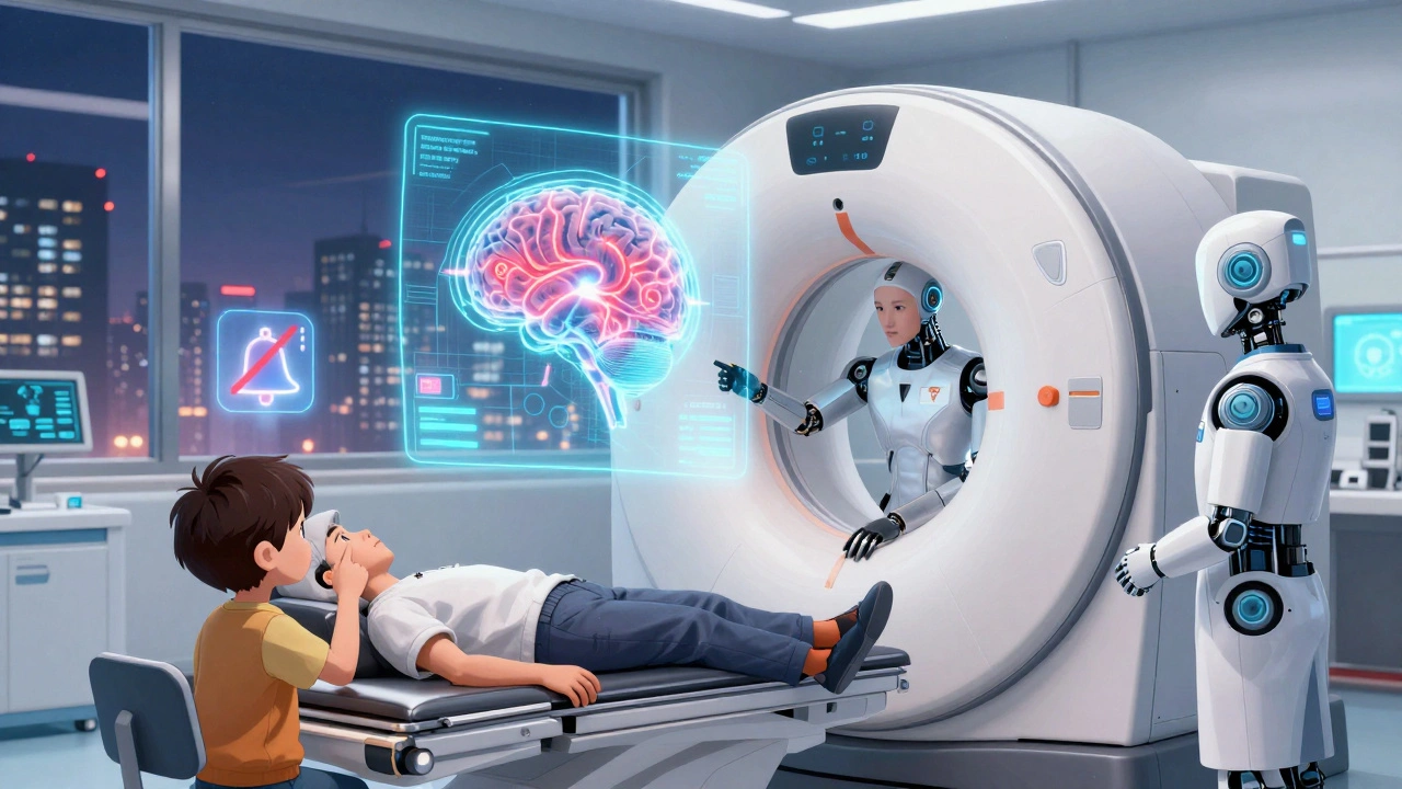 A doctor using a futuristic MRI to map brain activity linked to tinnitus in a high-tech clinic.
