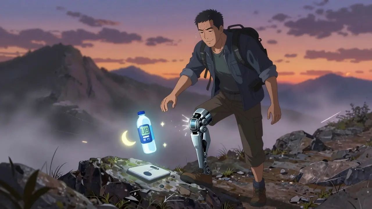 A man hikes a mountain with mechanical knee support, glowing health icons beside him as a broken scale lies below.