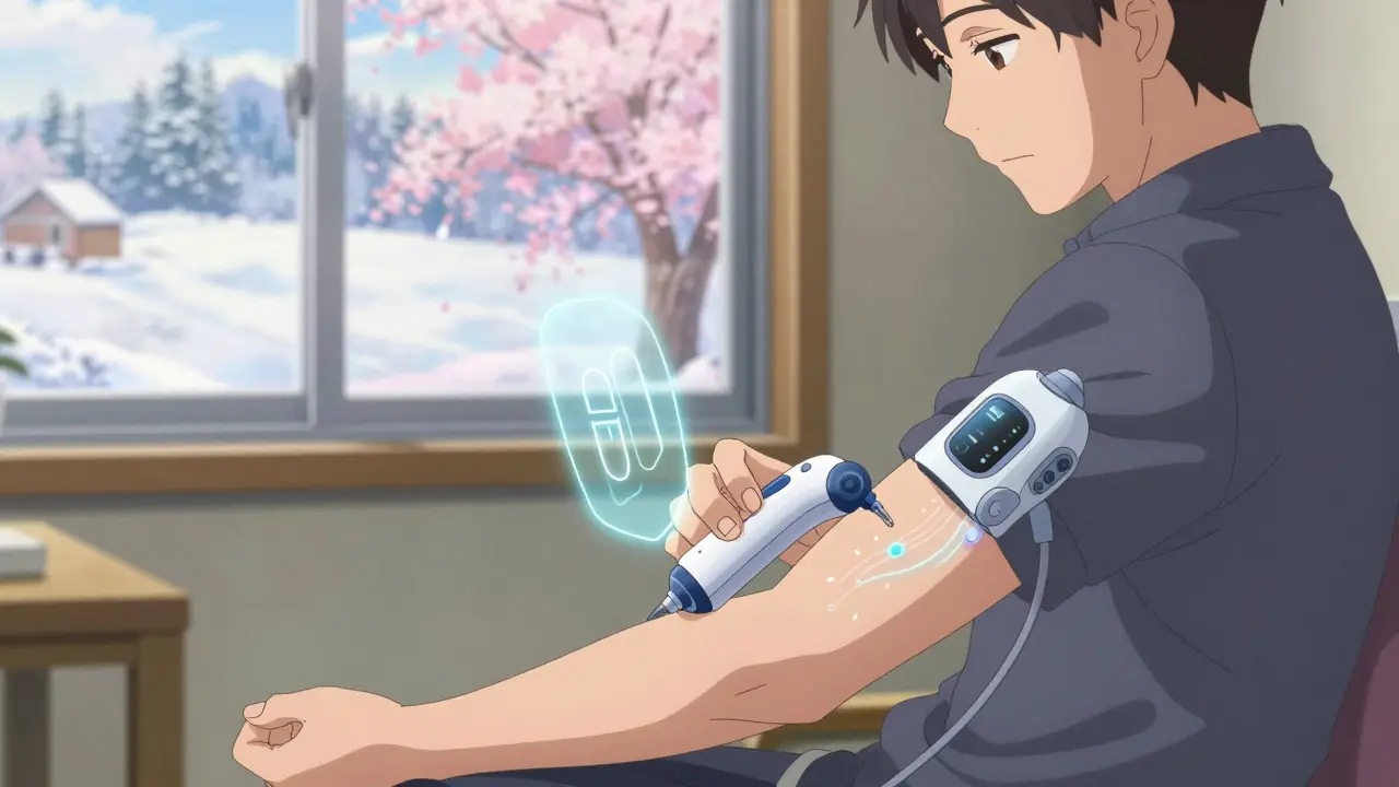 A patient administering SCIG at home with a futuristic injector and seasonal landscape outside the window.