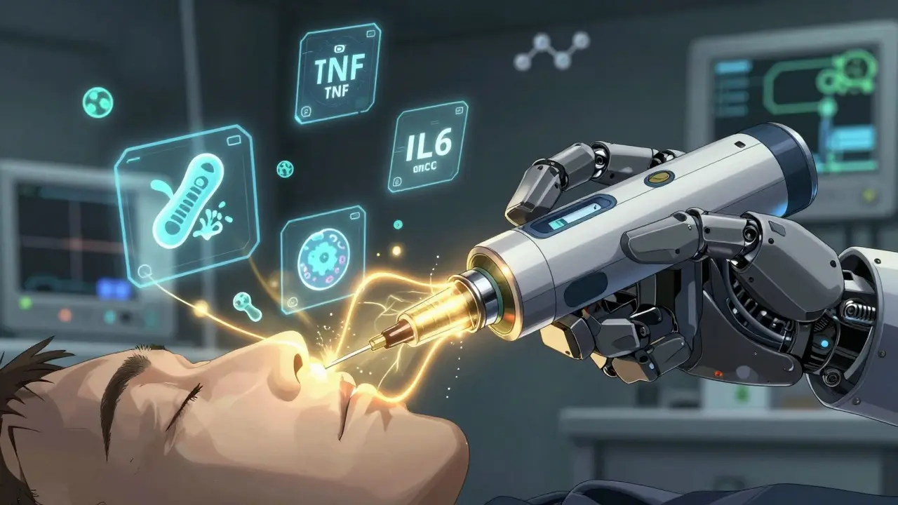 A patient injecting a biologic drug with glowing energy waves and molecular holograms around them.