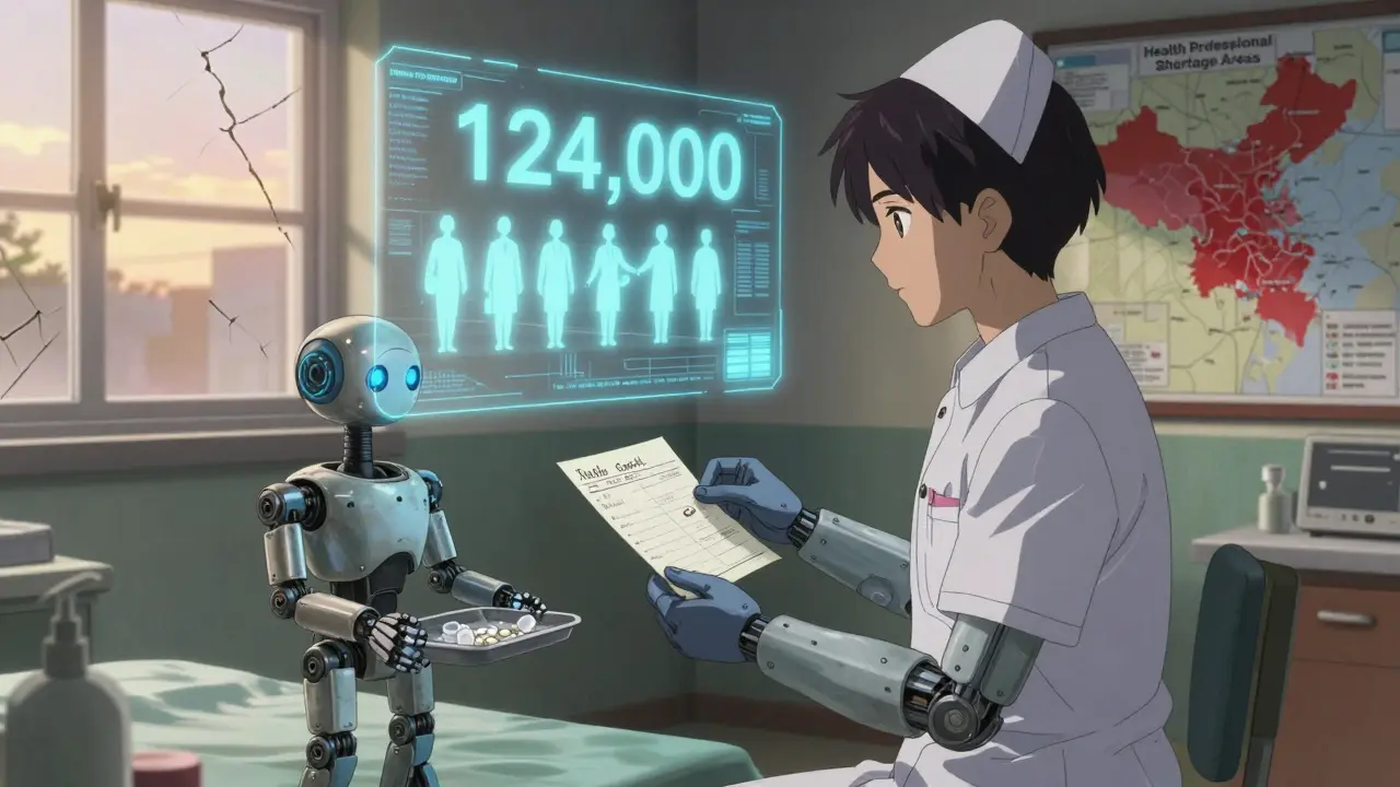 A patient receives a single pill from a worn robotic nurse as hundreds of doctor silhouettes fade away.