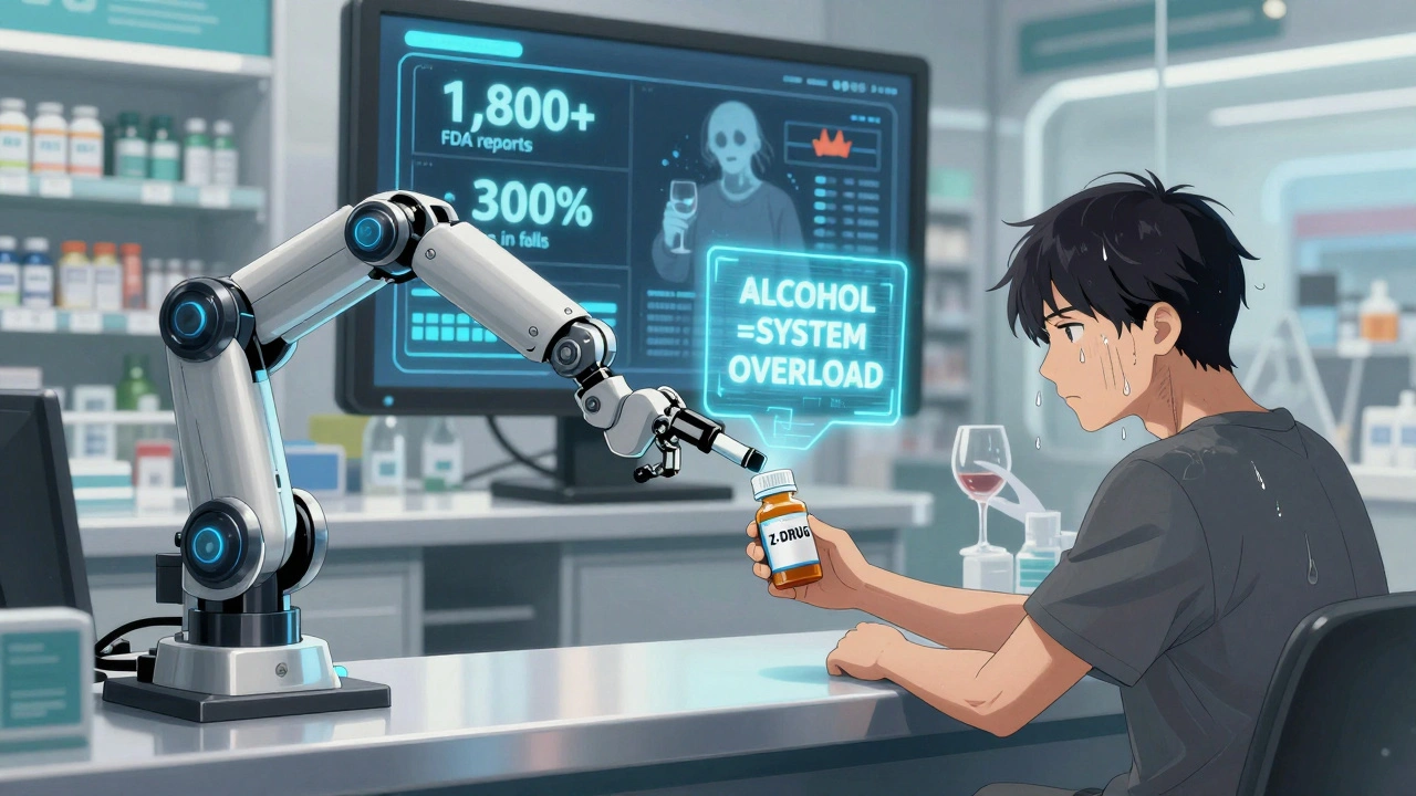 A pharmacist hands a sleep medication to a patient while a holographic warning flashes &#039;ALCOHOL = SYSTEM OVERLOAD&#039; in a futuristic pharmacy.