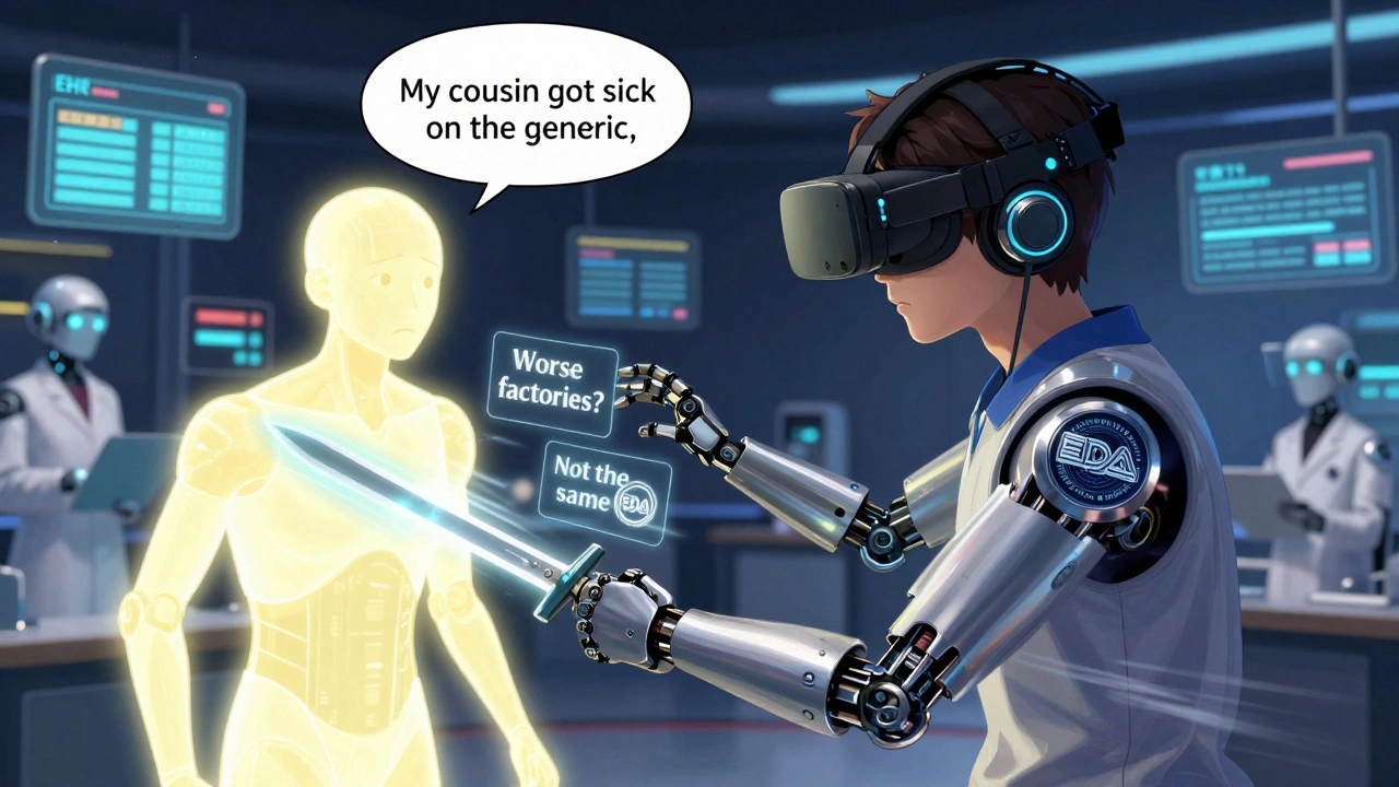 A resident in VR training defeating myths about generics with data swords, surrounded by floating FDA seals and EHR alerts.