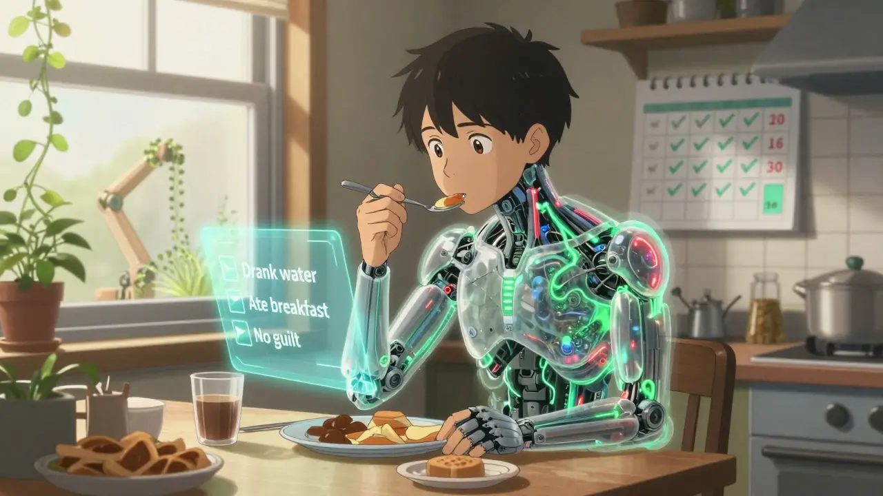 A teen eats breakfast with internal bio-mechanical glow showing health improvements and daily victory logs.