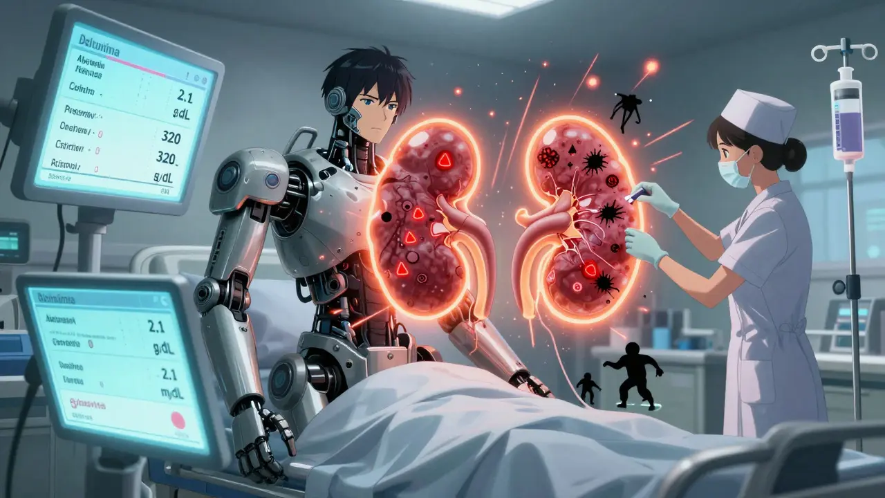 Adult in hospital with floating medical data and damaged kidney mechanics, glowing red warning glyphs.