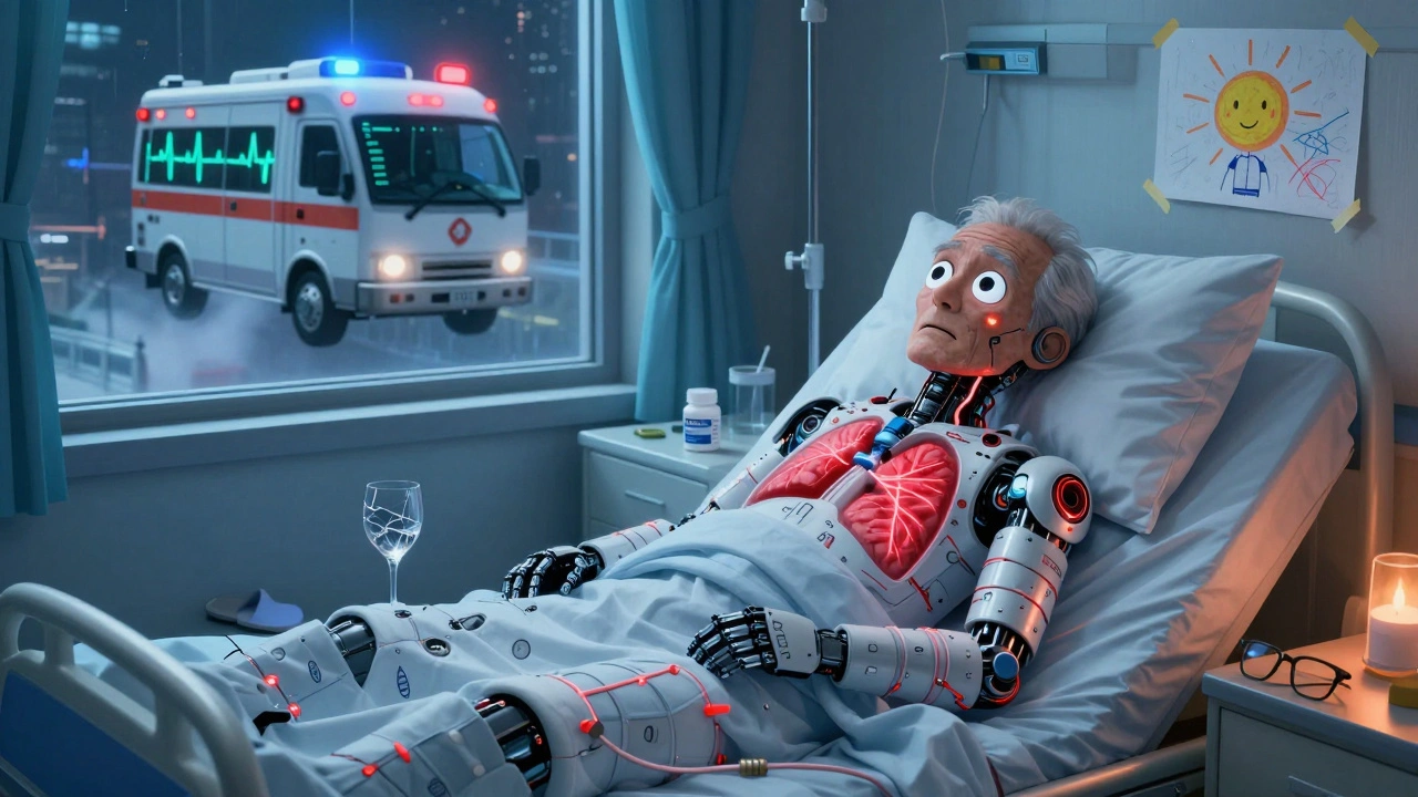 An elderly man in a hospital bed with diagnostic nanofibers glowing red, a cracked wine glass and sleep aid bottle on the nightstand.