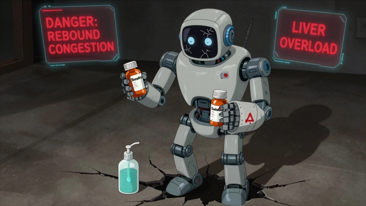 An elderly robot holding warning pill bottles, one arm locked, reaching for saline rinse as cracks spread beneath feet.