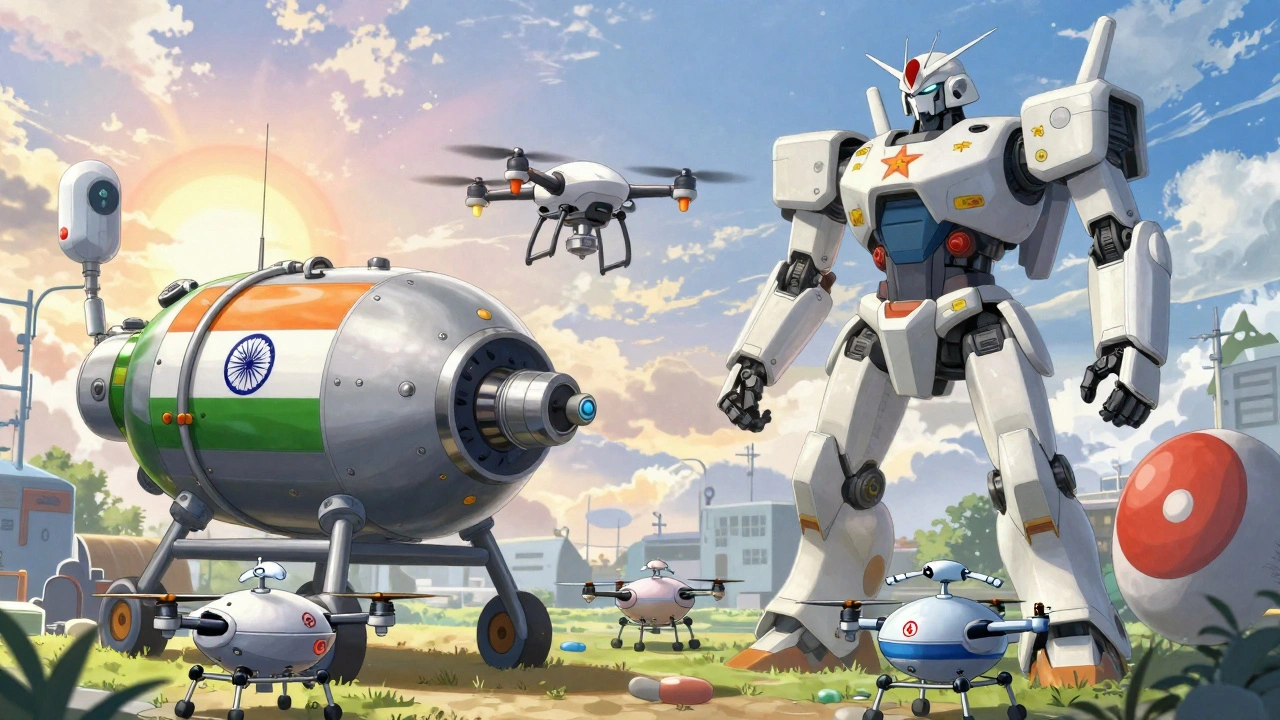 Asian pharmaceutical robots collaborating: Vietnam, India, China, and Cambodia in a unified supply chain.