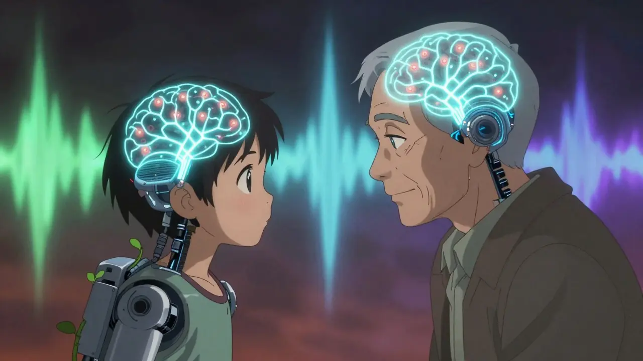 Child and elderly person with implants, neural networks lighting up with sound signals.