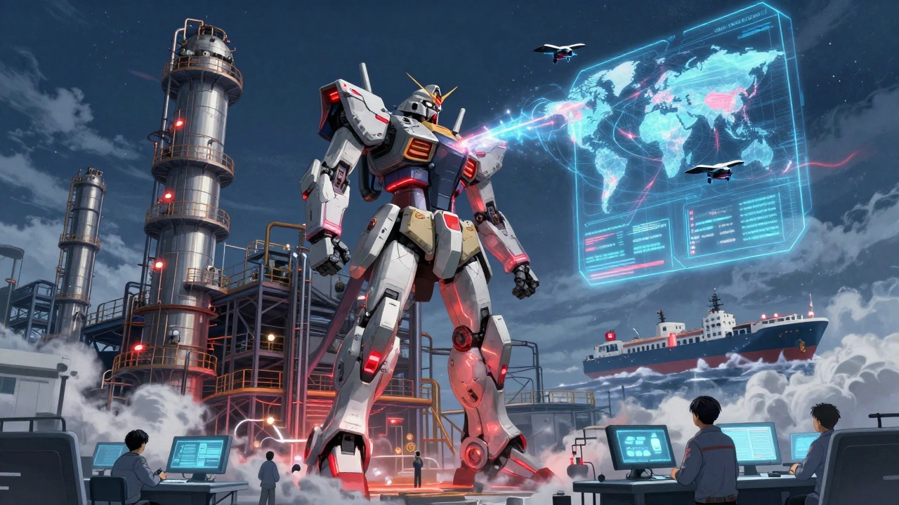 Chinese chemical refinery synthesizing pharmaceutical ingredients with holographic supply data streams.